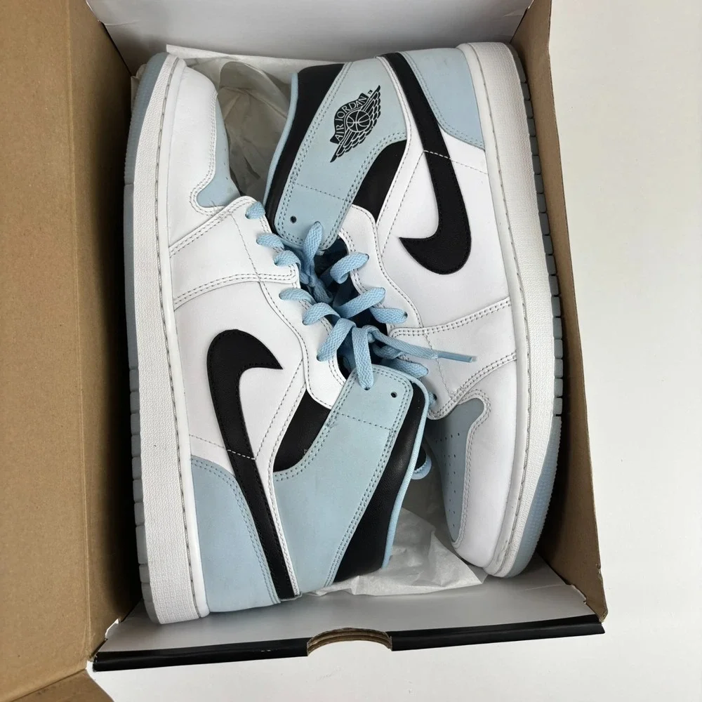 Nike‎ Air Jordan 1 Mid SE Men's US 13 White/Ice Blue/Black Sneakers DV1308-104